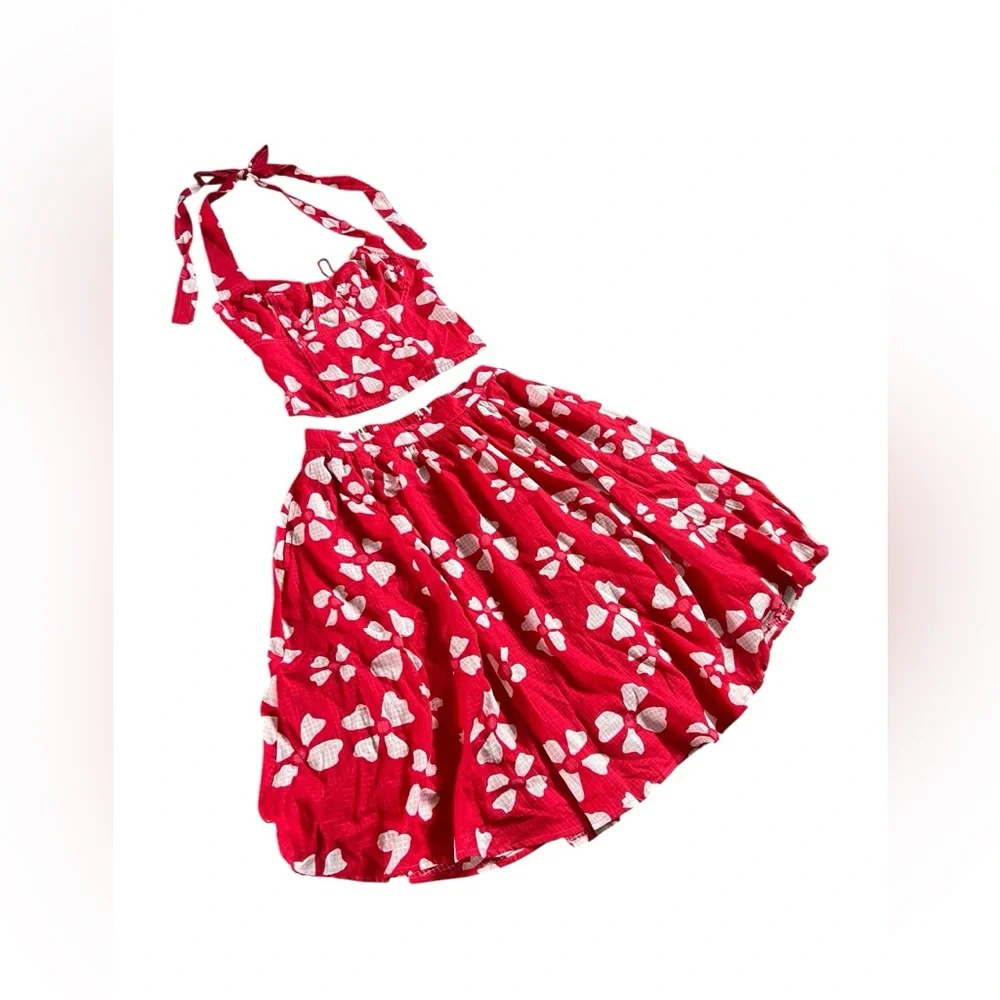 NWOT Free People Keepsake Red Poppy Combo Set Skirt/ Halter Top - Picture 8 of 15